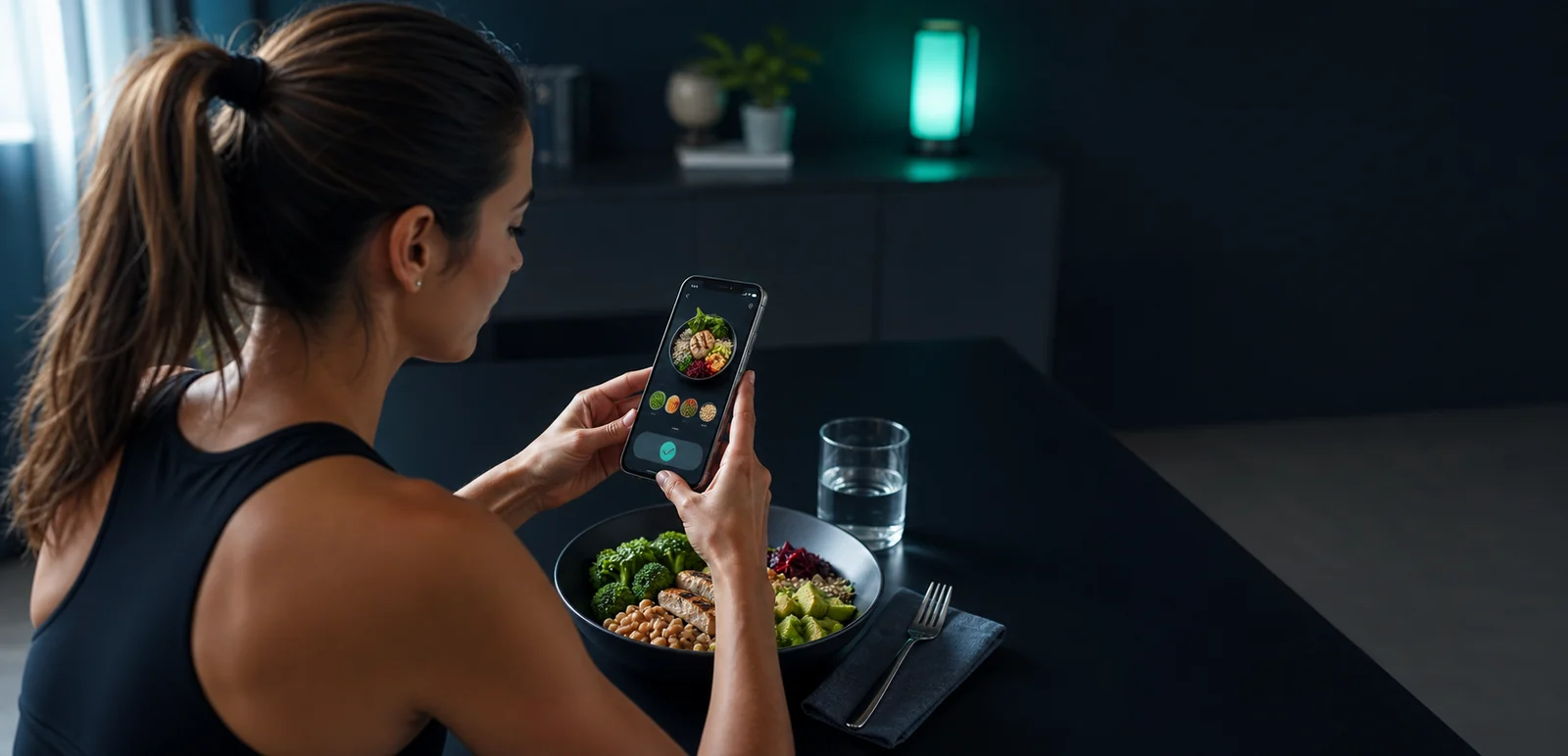 Frau fotografiert eine gesunde Mahlzeit und speichert den erkannten Eintrag auf ihrem Smartphone