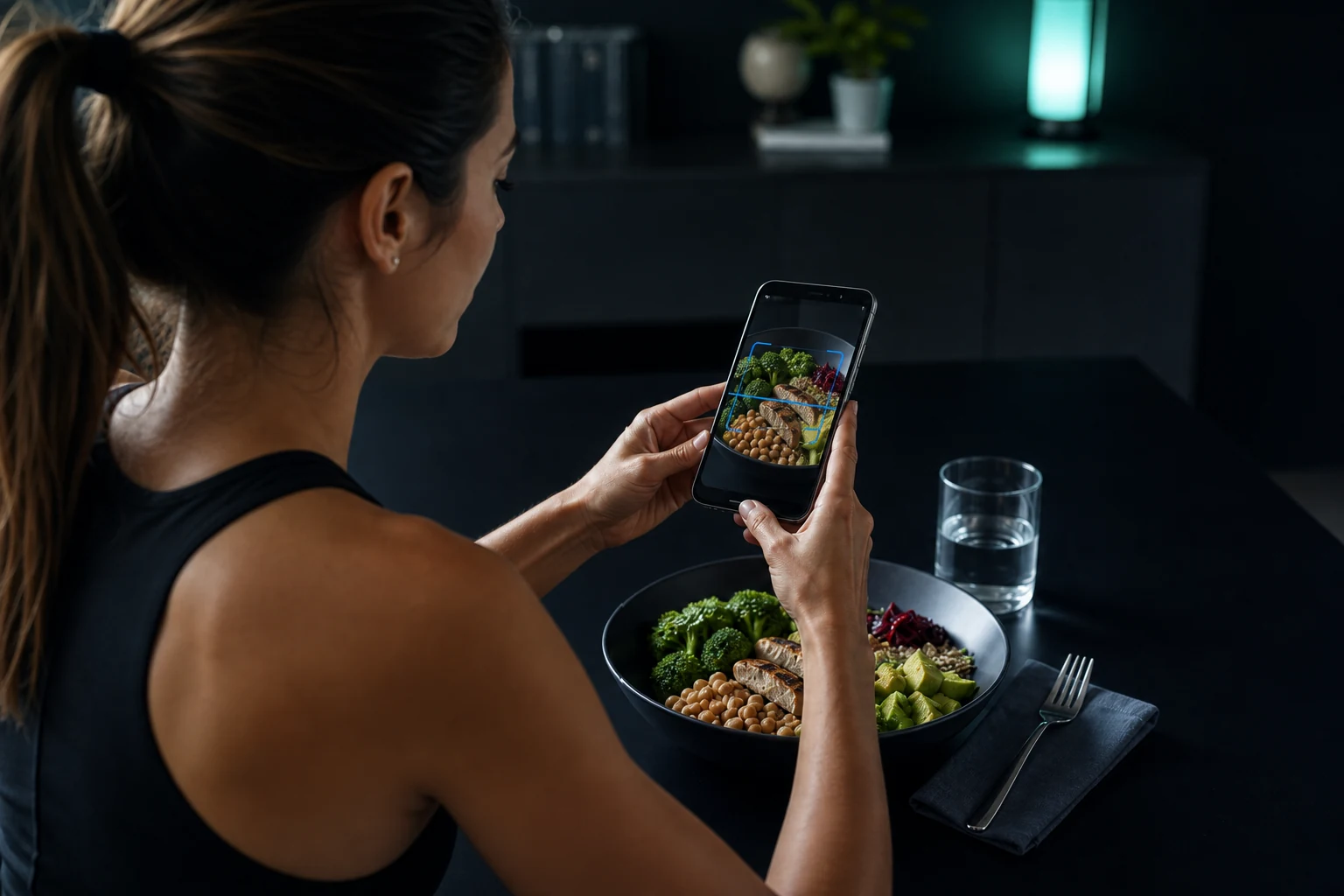 Woman scanning a healthy plated meal with the Zielfit AI photo scanner