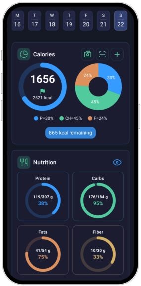 App de seguimiento de calorías Zielfit con contador de macros